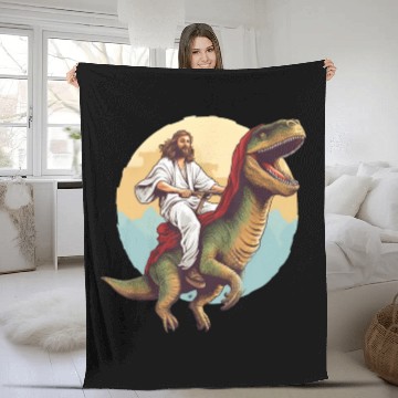 Discover Jesus Riding a Dinosaur Meme Dino Lover Fleece Blankets