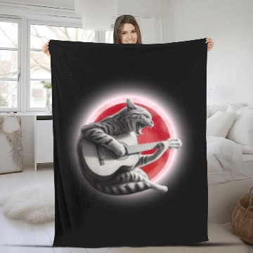 Discover Rock Cat Playing Guitar Fleece Blankets under the red moon
