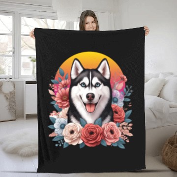 Discover Husky dog with floral backdrop Fleece Blankets