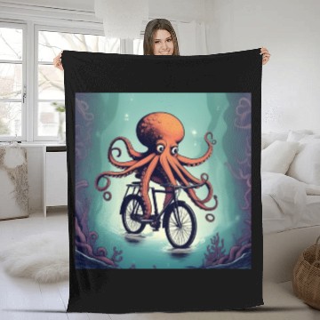 Discover A weird octopus riding a bicycle Fleece Blankets