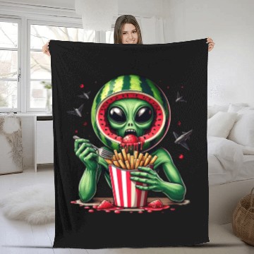 Discover Alien with watermelon helmet eats fries Fleece Blankets