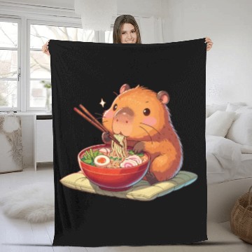 Discover Cute Capybara Eats Ramen Noodles Capybara Ramen Fleece Blankets