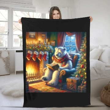 Discover Winter Tales-Merry Cozy Bear Reading by Fireplace Fleece Blankets
