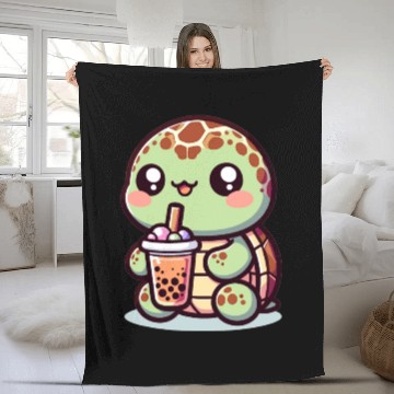 Discover Kawaii Turtle Bubble Tea Lover Cute Sea Turtle Fleece Blankets