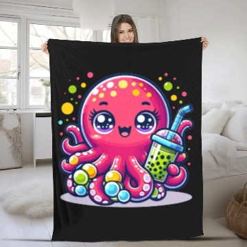 Discover Kawaii Octopus With Bubble Tea Sea Ocean Boba Tea Fleece Blankets