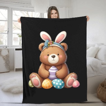 Discover Easter bear with bunny ears and easter eggs Fleece Blankets