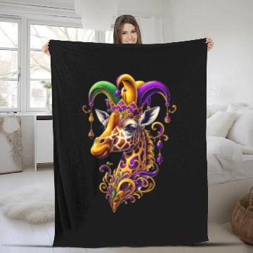 Discover Mardi Gras giraffe with fool's hat Fleece Blankets