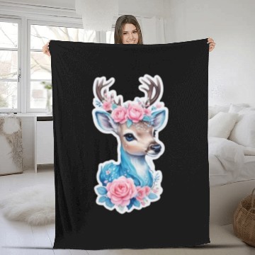 Discover cute deer blue blossom pink rose Fleece Blankets