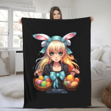 Discover Easter Day Anime Girl Bunny Ear Easter Egg Hunt Fleece Blankets