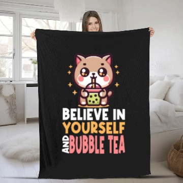 Discover Kawaii Cat Bubble Tea Boba Drink Korean Asian Fleece Blankets