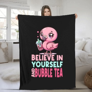 Discover Kawaii Flamingo Bubble Tea Believe In Yourself Fleece Blankets
