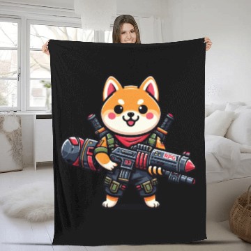 Discover Cute Shiba Inu Dog Play Rocket RPG Cartoon Fleece Blankets