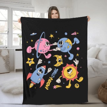 Discover Solar System Planets Moon Sun Saturn Cute Groovy Fleece Blankets
