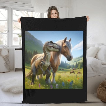 Discover Palomino horse next to a velociraptor Fleece Blankets