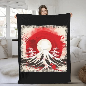 Discover Kyoto Mountains: Flag, Volcano, and Blood Moon Fleece Blankets