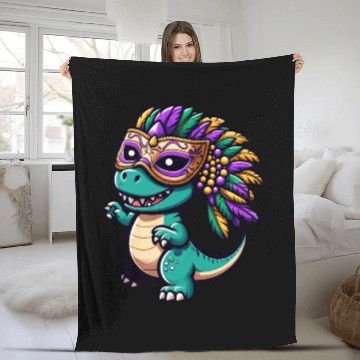 Discover Mardi Gras T-Rex Dino: Mask and Beads Fleece Blankets