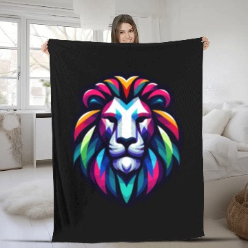 Discover Vibrant Spectrum Lion - Abstract Wildlife Majesty Fleece Blankets