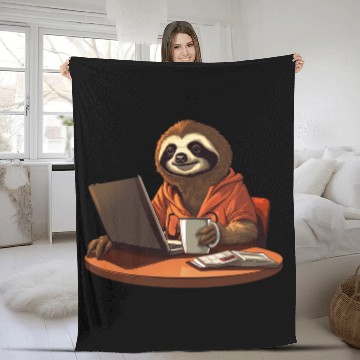 Discover Sloth CEO - Relaxed Chief with Coffee and Laptop Fleece Blankets