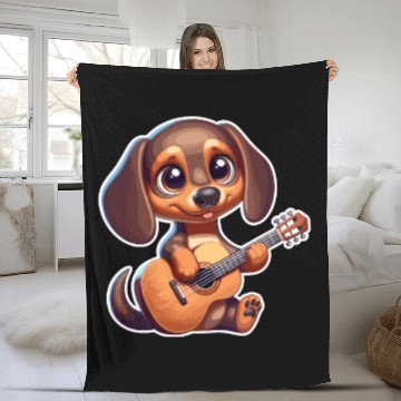 Discover Cute Dachshund playing Guitar Fleece Blankets
