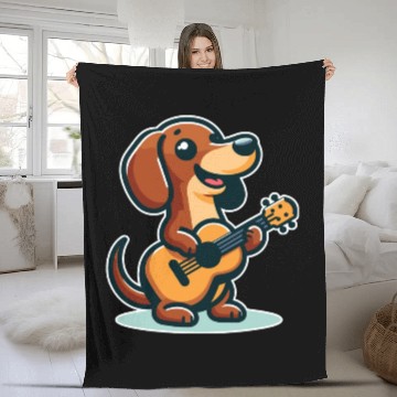 Discover Cute Dachshund playing Guitar Fleece Blankets