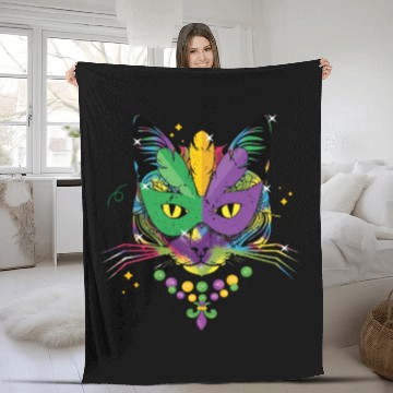 Discover Cat Mask Beads Festival Parade Mardi Gras Fleece Blankets