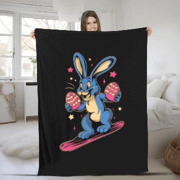 Discover Easter Bunny on a snowboard with Easter eggs Fleece Blankets
