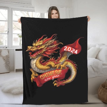 Discover Chinese New Year Dragon: Red Gold Grey White Fleece Blankets