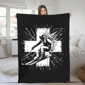Discover Skiing Switzerland - Swiss Skier in the Alps Fleece Blankets