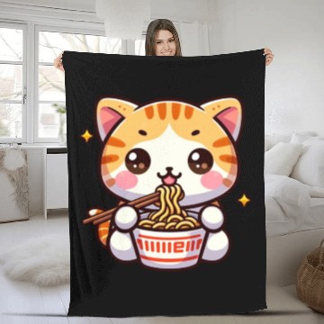 Discover Cute Cat Eating Ramen Fleece Blankets