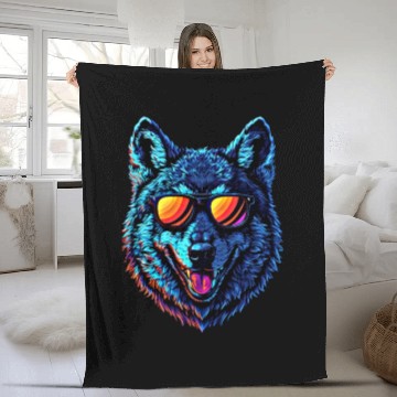 Discover Cool Wolf Face Blue Wolf Wearing Sunglasses Fleece Blankets