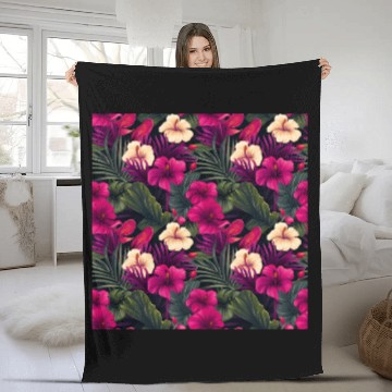 Discover Tropical Pink Flowers Leaves Pattern Fleece Blankets