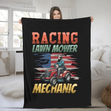 Discover Racing Lawn Mower Mechanic Backyard Fleece Blankets