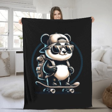 Discover Panda on Skateboard Fleece Blankets