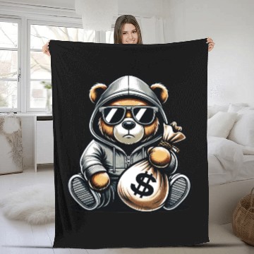 Discover teddy bear holding a money bag Fleece Blankets
