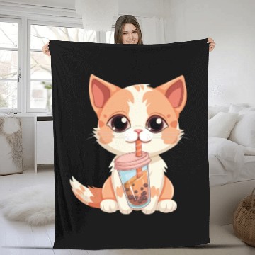 Discover Cat Boba Tea Bubble Tea Anime Kawaii Neko Fleece Blankets