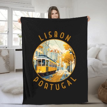 Discover Lisbon Portugal Yellow Tram Retro Distressed Fleece Blankets