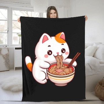 Discover Cute Cat Eating Ramen Fleece Blankets