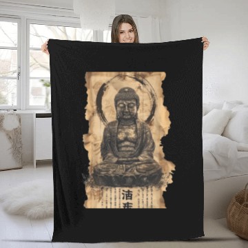 Discover Vintage Papyrus Scroll Japanese Silhouette Buddha Fleece Blankets