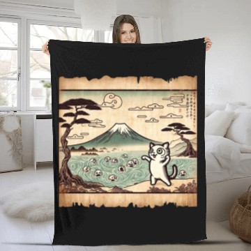 Discover Mt. Fuji Kitten Papyrus Scroll Retro Japanese Art Fleece Blankets