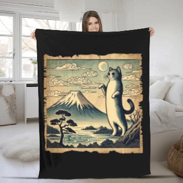 Discover Mt. Fuji Kitten Papyrus Scroll Retro Japanese Art Fleece Blankets