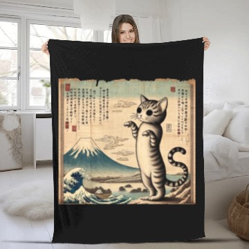 Discover Mt. Fuji Kitten Papyrus Scroll Retro Japanese Art Fleece Blankets