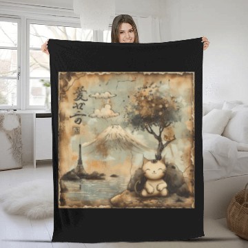 Discover Mt. Fuji Kitten Papyrus Scroll Retro Japanese Art Fleece Blankets