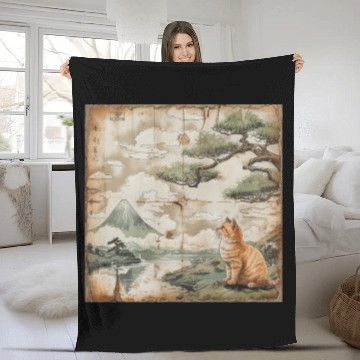 Discover Mt. Fuji Kitten Papyrus Scroll Retro Japanese Art Fleece Blankets