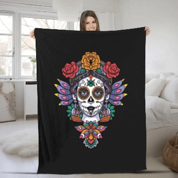 Discover Colorful Calavera Girl Head Mandala Fleece Blankets