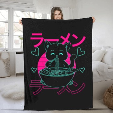 Discover Aesthetic Anime Ramen Cat Retro Japanese Fleece Blankets