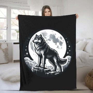 Discover Majestic Moonlit Wolf Illustration Fleece Blankets