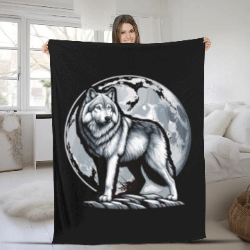 Discover Majestic Moonlit Wolf Illustration Fleece Blankets