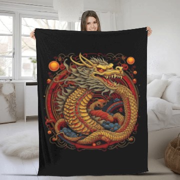 Discover Chinese dragon. Dragon in a circle. Fleece Blankets
