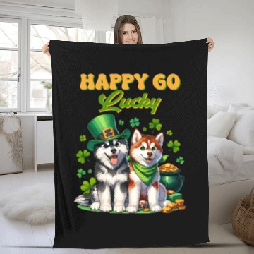 Discover Happy Go Lucky Cute Husky St Patricks Day Fleece Blankets