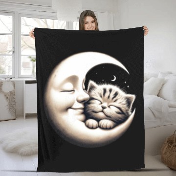 Discover Peaceful Kitten and Moon Embrace Fleece Blankets